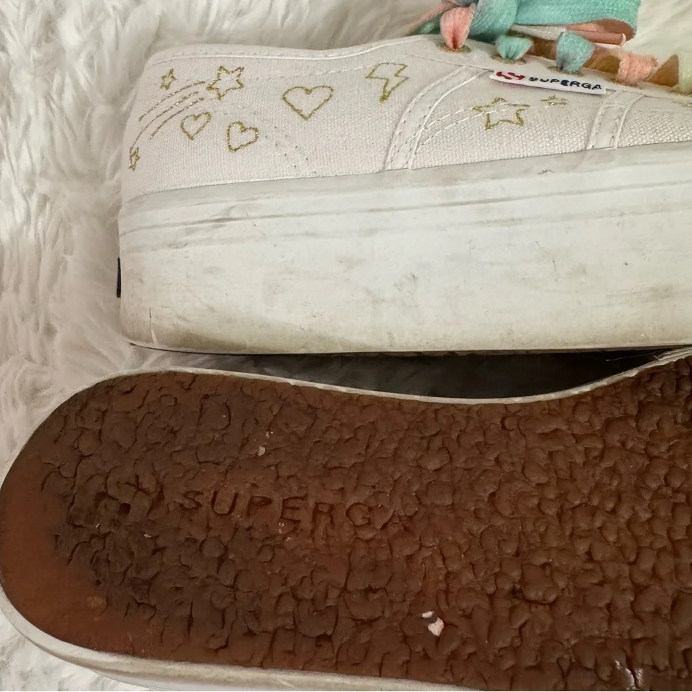 Superga White Platform Sneakers with Multicolor Laces Size 6